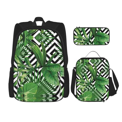 WURTON Grüne Blätter von Palmen Tropische Pflanze Druck Rucksack Mädchen Jungen Schultaschen Teenager Lunchbox und Federmäppchen 3 in 1 Büchertaschen Set von WURTON