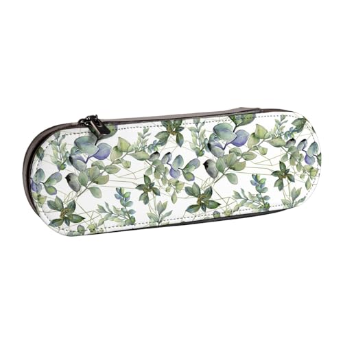 WURTON Grüne Eukalyptusblätter Druck Vintage Leder Federmäppchen - Schickes kompaktes Leder-Federmäppchen Beutel Federmäppchen von WURTON