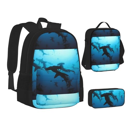 WURTON Hammerhead Sharks Print Teenage Bookbag Lunch Bag Pencil Case 3 in 1 School Backpacks Set Kids Backpack von WURTON