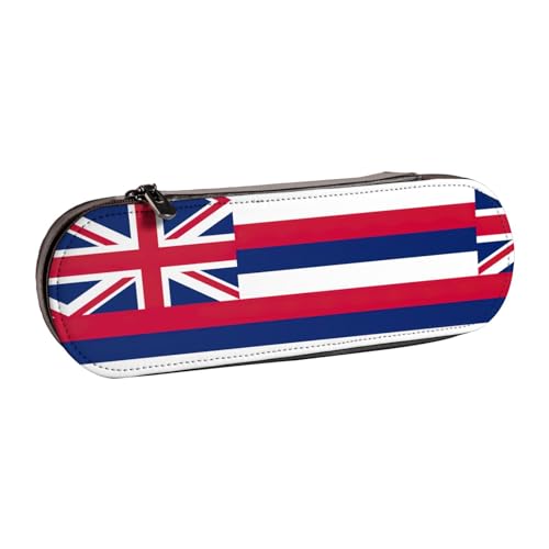 WURTON Hawaii Flagge Print Vintage Leder Federmäppchen - Schickes kompaktes Leder Federmäppchen Etui Pencil Pouch Pencil Pouch von WURTON