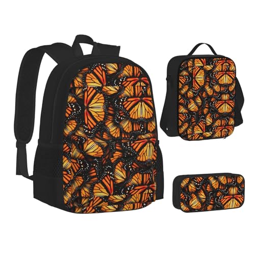 WURTON Heaps Of Orange Monarch Butterflies Print Teenage Bookbag Lunch Bag Pencil Case 3 in 1 School Backpacks Set Kids Backpack von WURTON