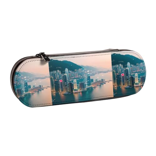 WURTON Hong Kong Print Vintage Leder Federmäppchen - Schickes kompaktes Leder-Federmäppchen Beutel Federmäppchen von WURTON
