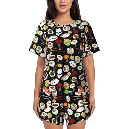 WURTON Japanische Sushi Schwarz Japanischen Sushi Schwarz Kurzarm Pyjamas Sets Für Frauen Casual Crew Neck 2 Stück Lounge Sets, blacks, XXL von WURTON