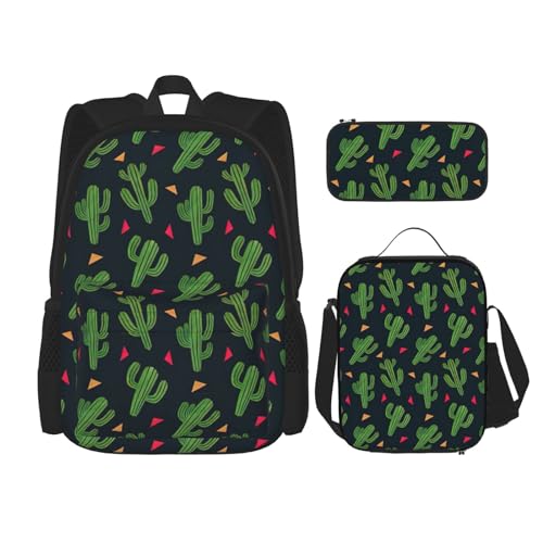 WURTON Kaktus-Kunstdruck Schulrucksack 3 in 1 Büchertasche Set mit Lunchbox Federmäppchen Reise Laptop Daypacks von WURTON