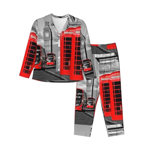 WURTON Klassischer Langarm-Pyjama für Damen, Motiv: England, London, Telefondruck, Knopf-Set, Loungewear, Nachtwäsche, warmer Schlafanzug, Schwarz, XXL von WURTON