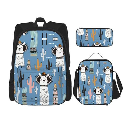 WURTON Lama Kaktus Wüste Pflanze Druck Rucksack Mädchen Jungen Schultaschen Teenager Lunchbox und Federmäppchen 3 in 1 Büchertaschen Set von WURTON