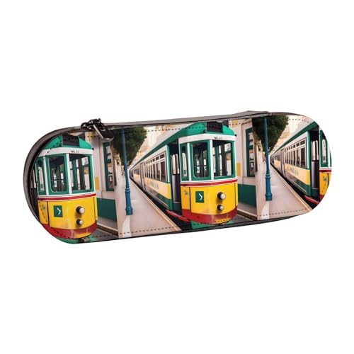 WURTON Lissabon Tram Muster Print Vintage Leder Federmäppchen - Schickes kompaktes Leder Federmäppchen Tasche Pencil Pouch Pencil Pouch von WURTON