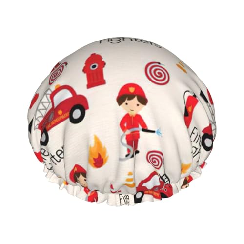 WURTON Little Boys and Girls in FireFighters Print Lightweight Shower Cap for Women Double Waterproof Layers Bathing Hat - Breathable von WURTON