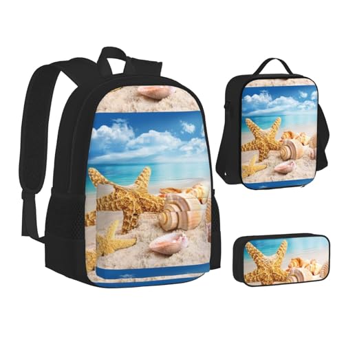 WURTON London Print Teenage Bookbag Lunch Bag Pencil Case 3 in 1 School Backpacks Set Kids Backpack, Seestern Muschel Ocean Beach, Einheitsgröße von WURTON