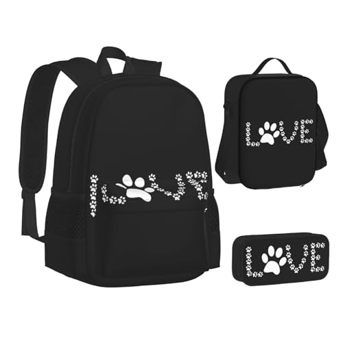 WURTON Lover Dog Paw Print Teenage Bookbag Lunch Bag Pencil Case 3 in 1 School Backpacks Set Kids Backpack von WURTON