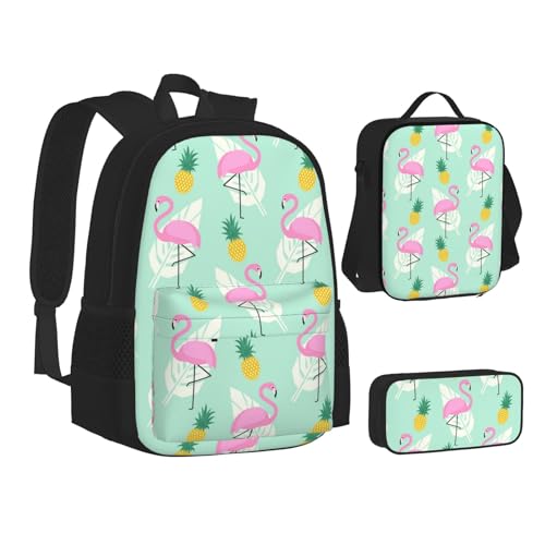 WURTON Lustiges Essen Hot Dogs Print Teenager Büchertasche Mittagessen Tasche Federmäppchen 3 in 1 Schulrucksäcke Set Kinder Rucksack, Pinke Flamingo Ananas, Einheitsgröße von WURTON