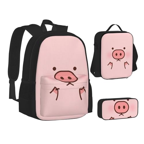 WURTON Lustiges Essen Hot Dogs Print Teenager Büchertasche Mittagessen Tasche Federmäppchen 3 in 1 Schulrucksäcke Set Kinder Rucksack, Süßes Schwein, Einheitsgröße von WURTON