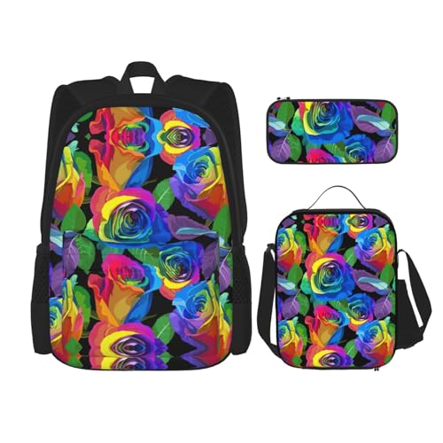 WURTON Mehrfarbige Rosen Druck Rucksack Mädchen Jungen Schultaschen Teen Lunch Box Und Federmäppchen 3 In 1 Büchertaschen Set von WURTON