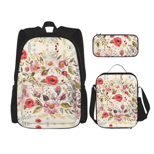 WURTON Moderner Rucksack mit Blumendruck, für Mädchen und Jungen, Schultaschen, Teenager, Lunchbox und Federmäppchen, 3-in-1-Büchertaschen-Set von WURTON