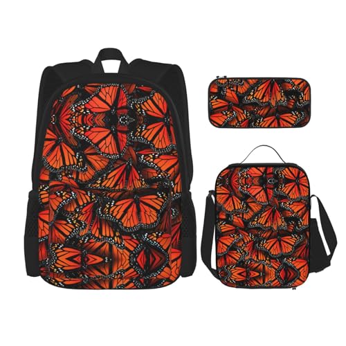 WURTON Monarch Butterflies. Bedruckter Rucksack für Mädchen und Jungen, Schultaschen, Teenager, Lunchbox und Federmäppchen, 3-in-1-Büchertaschen-Set von WURTON