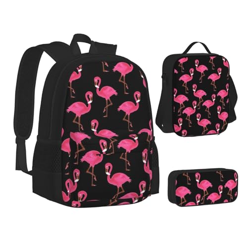 WURTON Niedliche rosa Flamingo-Büchertasche für Teenager, Lunch-Tasche, Federmäppchen, 3-in-1, Schulrucksack-Set, Kinder-Rucksack von WURTON