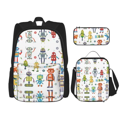 WURTON Niedlicher Cartoon-Roboter-Druck Rucksack Mädchen Jungen Schultaschen Teenager Lunchbox und Federmäppchen 3 in 1 Büchertaschen Set von WURTON