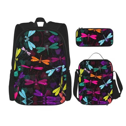 WURTON Niedlicher Libellen-Druck Rucksack Mädchen Jungen Schultaschen Teenager Lunchbox und Federmäppchen 3 in 1 Büchertaschen Set von WURTON