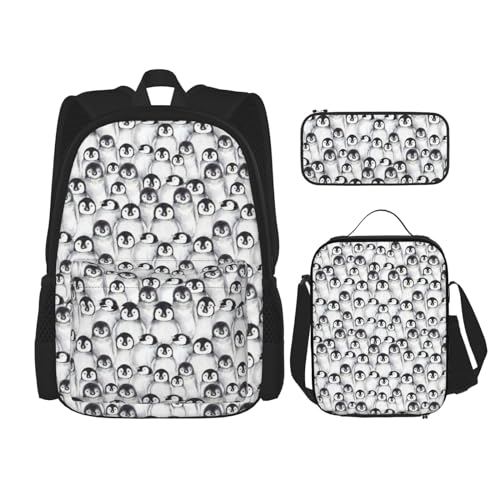 WURTON Niedlicher Rucksack mit Pinguinmotiv, 3-in-1 Büchertaschen-Set für Mädchen und Jungen, Schultaschen, Teenager, Lunchbox und Federmäppchen von WURTON