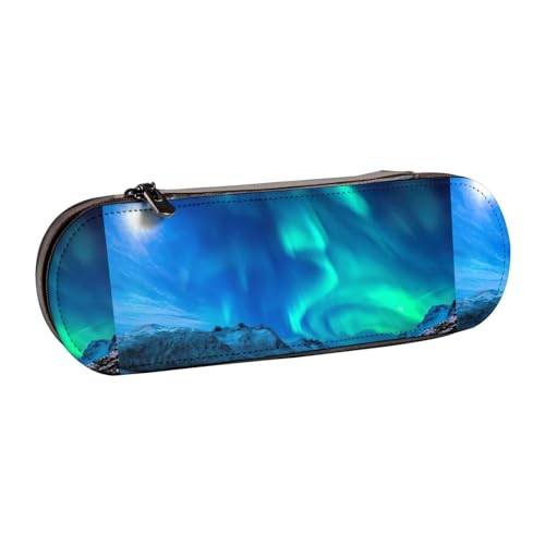 WURTON Northern Lights Print Vintage Leather Pencil Pouch - Chic Compact Leather Pencil Case Pouch Pencil Pouch Pencil Pouch von WURTON