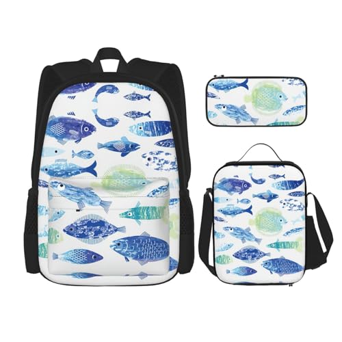 WURTON Ocean Life Rucksack für Mädchen und Jungen, Schulranzen, Lunchbox- und Federmäppchen, 3-in-1-Büchertaschen-Set von WURTON