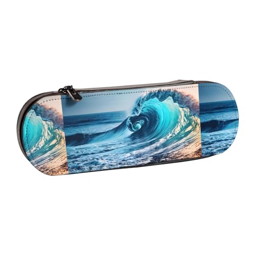 WURTON Ocean Sea Wave Print Vintage Leder Federmäppchen - Schickes kompaktes Leder-Federmäppchen Beutel Federmäppchen von WURTON