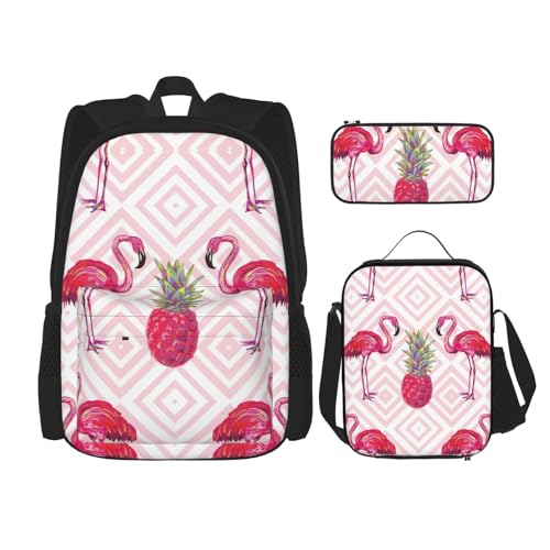 WURTON Pinker Flamingo Ananas-Druck Rucksack Mädchen Jungen Schultaschen Teenager Lunchbox und Federmäppchen 3 in 1 Büchertaschen Set von WURTON