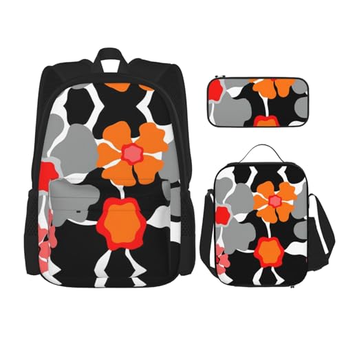 WURTON Retro Blumenmuster Druck Rucksack Mädchen Jungen Schultaschen Teenager Lunchbox und Federmäppchen 3 in 1 Büchertaschen Set von WURTON