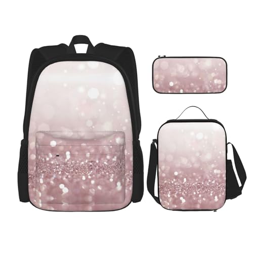 WURTON Rosa Glitzer Druck Rucksack Mädchen Jungen Schultaschen Teenager Lunchbox und Federmäppchen 3 in 1 Büchertaschen Set von WURTON