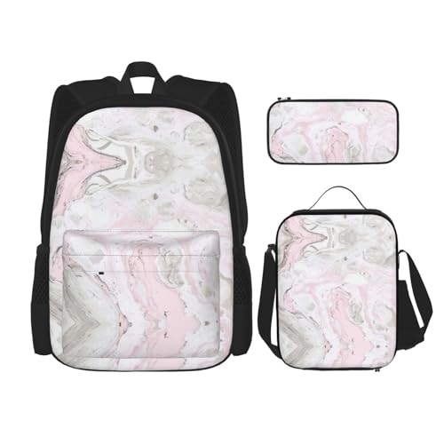 WURTON Rosa abstrakte Tinte Marmor grau künstlerischer Druck Rucksack Mädchen Jungen Schultaschen Teenager Lunchbox und Federmäppchen 3 in 1 Büchertaschen Set von WURTON