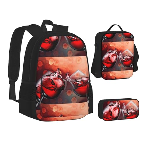 WURTON Rotweinglas Cheers Print Teenage Büchertasche Mittagessen Tasche Federmäppchen 3 in 1 Schulrucksäcke Set Kinder Rucksack von WURTON