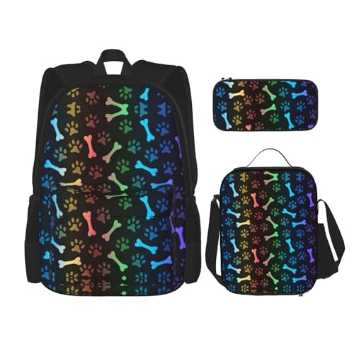 WURTON Rucksack, Motiv: Regenbogen-Hund und Katze, Pfotenabdruck, für Mädchen und Jungen, Schultaschen, Teenager, Lunchbox und Federmäppchen, 3-in-1-Büchertaschen-Set von WURTON