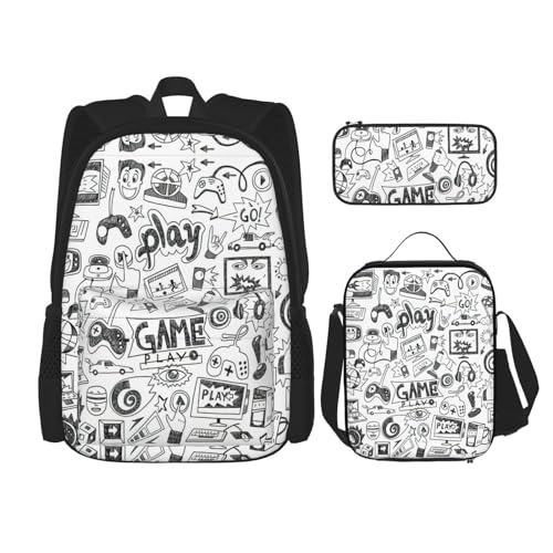 WURTON Rucksack für Jungen mit Videospiel-Druck, für Mädchen, Jungen, Schultaschen, Teenager, Lunchbox und Federmäppchen, 3-in-1-Büchertaschen-Set von WURTON