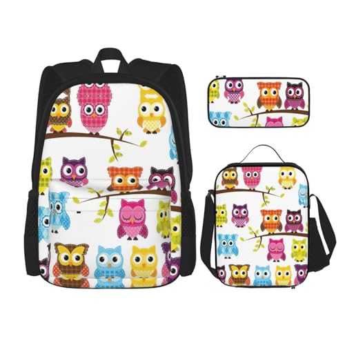 WURTON Rucksack mit Eulen-Motiv auf Ästen, für Mädchen und Jungen, Schultasche, Lunchbox, Federmäppchen und 3-in-1-Büchertaschen-Set von WURTON