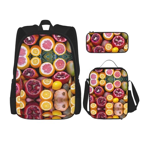 WURTON Rucksack mit Früchte-Bild-Druck, für Mädchen und Jungen, Schultaschen, Teenager, Lunchbox und Federmäppchen, 3-in-1-Büchertaschen-Set von WURTON