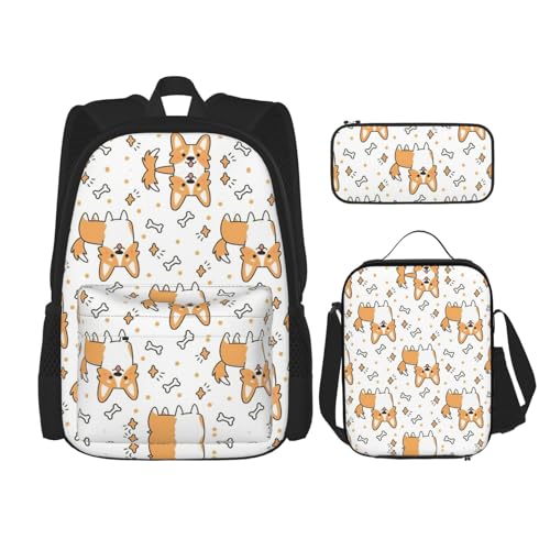 WURTON Rucksack mit Hunde-Aufdruck, für Mädchen und Jungen, Schultasche, Lunchbox, 3-in-1, Büchertaschen-Set von WURTON