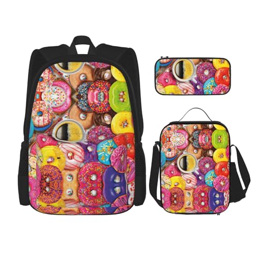 WURTON Rucksack mit Kaffee- und Donuts-Aufdruck, für Mädchen und Jungen, Schultaschen, Teenager, Lunchbox und Federmäppchen, 3-in-1-Büchertaschen-Set von WURTON