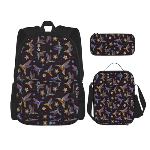 WURTON Rucksack mit Kolibris-Stickerei-Druck, für Mädchen und Jungen, Schultaschen, Teenager, Lunchbox und Federmäppchen, 3-in-1-Büchertaschen-Set von WURTON