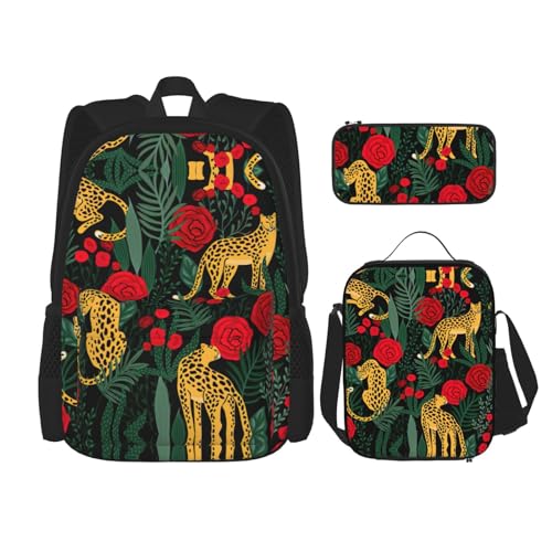 WURTON Rucksack mit Leoparden- und Rosen-Aufdruck, für Mädchen und Jungen, Schultaschen, Teenager, Lunchbox und Federmäppchen, 3-in-1-Büchertaschen-Set von WURTON