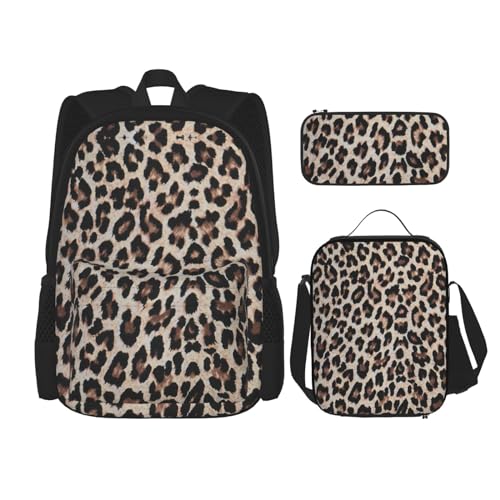 WURTON Rucksack mit Leopardenmuster für Mädchen und Jungen, Schultaschen, Teenager, Lunchbox und Federmäppchen, 3-in-1-Büchertaschen-Set von WURTON