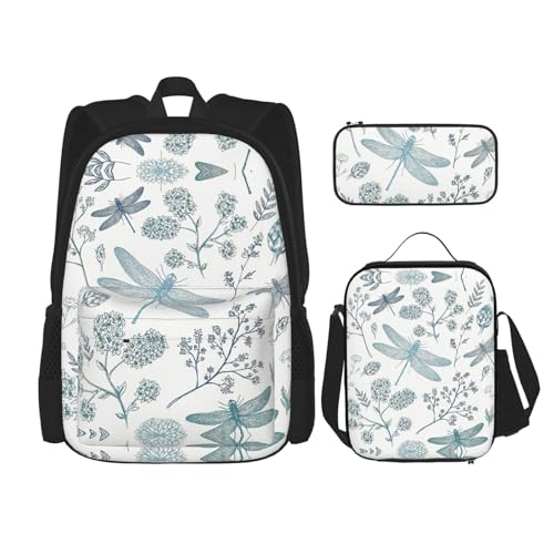 WURTON Rucksack mit Libellen-Blumendruck, für Mädchen und Jungen, Schultaschen, Teenager, Lunchbox und Federmäppchen, 3-in-1-Büchertaschen-Set von WURTON