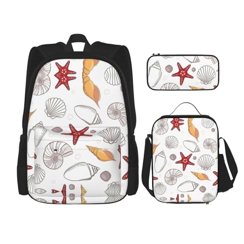 WURTON Rucksack mit Muschel-Motiv, Seestern-Druck, für Mädchen und Jungen, Schultaschen, Teenager, Lunchbox und Federmäppchen, 3-in-1-Büchertaschen-Set von WURTON