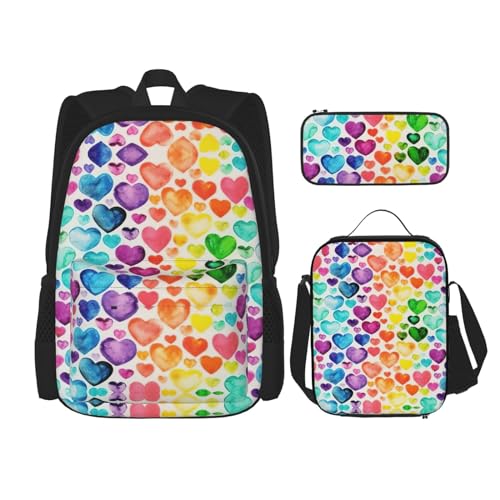 WURTON Rucksack mit Regenbogen-Herz-Aufdruck, für Mädchen und Jungen, Schultaschen, Teenager, Lunchbox und Federmäppchen, 3-in-1-Büchertaschen-Set von WURTON