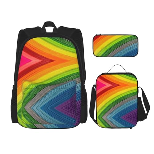 WURTON Rucksack mit Regenbogen-Streifen, für Mädchen und Jungen, Schultaschen, Teenager, Lunchbox und Federmäppchen, 3-in-1-Büchertaschen-Set von WURTON