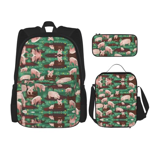 WURTON Rucksack mit Schweinemotiv auf Bauernhof, für Mädchen und Jungen, Schultaschen, Teenager, Lunchbox und Federmäppchen, 3-in-1-Büchertaschen-Set von WURTON