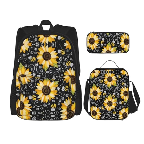 WURTON Rucksack mit Sonnenblumen-Bienen-Aufdruck, für Mädchen und Jungen, Schultaschen, Teenager, Lunchbox und Federmäppchen, 3-in-1-Büchertaschen-Set von WURTON