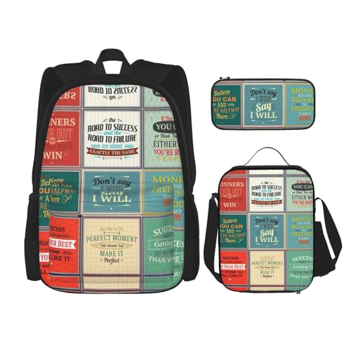 WURTON Rucksack mit Sprüchen-Aufdruck, für Mädchen und Jungen, Schultaschen, Teenager, Lunchbox und Federmäppchen, 3-in-1-Büchertaschen-Set von WURTON