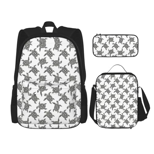 WURTON Rucksack mit Tiermotiv und Meeresschildkröten-Aufdruck, für Mädchen und Jungen, Schultaschen, Teenager, Lunchbox und Federmäppchen, 3-in-1-Büchertaschen-Set von WURTON