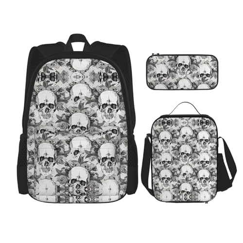 WURTON Rucksack mit Totenkopf-Skelett-Druck, für Mädchen und Jungen, Schultaschen, Teenager, Lunchbox und Federmäppchen, 3-in-1-Büchertaschen-Set von WURTON