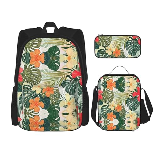 WURTON Rucksack mit Vegetationsblättern und Hibiskusblüten, für Mädchen und Jungen, Schultaschen, Teenager, Lunchbox und Federmäppchen, 3-in-1-Büchertaschen-Set von WURTON